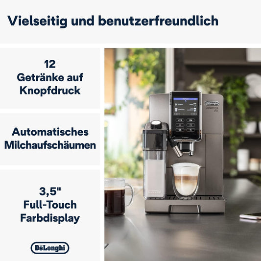 De'Longhi Dinamica Plus ECAM 370.95.T Kaffeevollautomat mit LatteCrema Milchsystem, Cappuccino und Espresso auf Knopfdruck, Touchscreen Farbdisplay und App-Steuerung, Kaffeekannen-Funktion, Titan