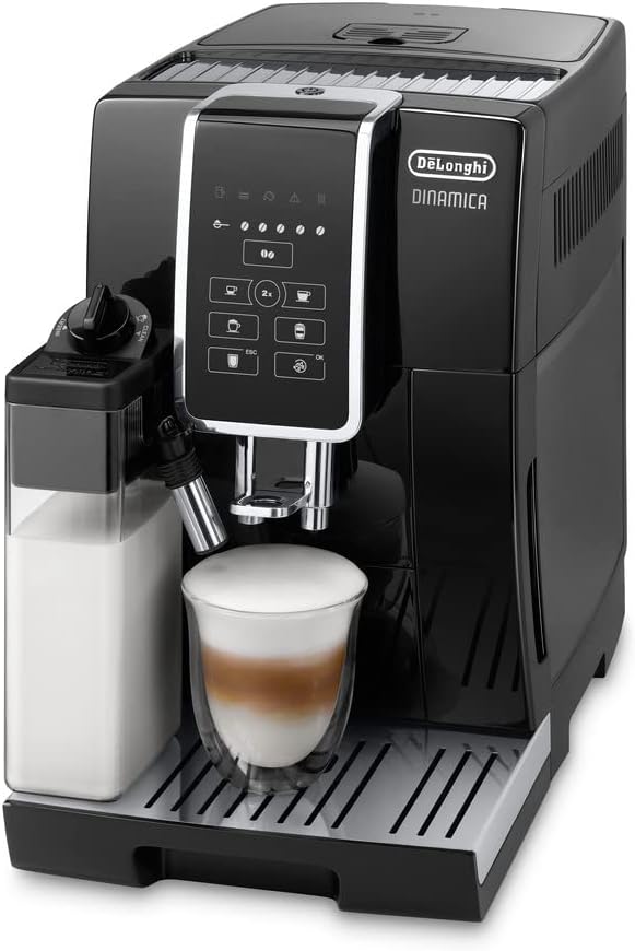 De'Longhi Dinamica ECAM 350.55.B Kaffeevollautomat mit LatteCrema Milchsystem, Cappuccino, Espresso und Kaffee auf Knopfdruck, Digitaldisplay, 2-Tassen-Funktion, Großer 1,8 Liter Wassertank, Schwarz
