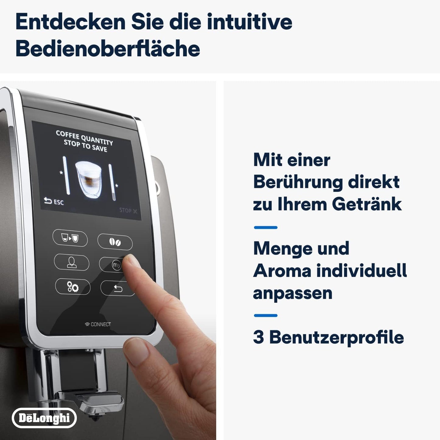 De'Longhi Dinamica Plus ECAM 370.95.T Kaffeevollautomat mit LatteCrema Milchsystem, Cappuccino und Espresso auf Knopfdruck, Touchscreen Farbdisplay und App-Steuerung, Kaffeekannen-Funktion, Titan