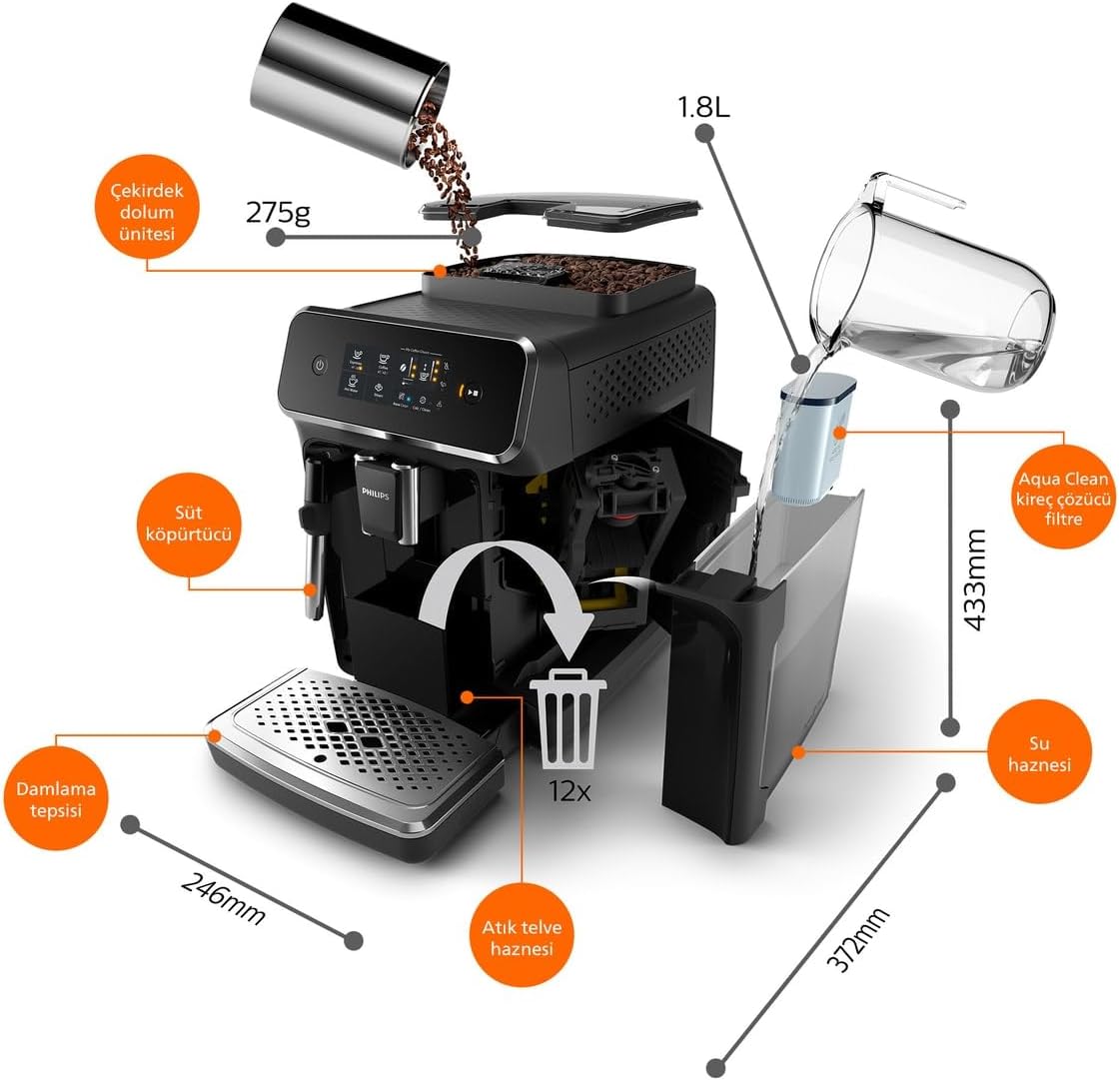 Philips 2300 Series Vollautomatische Espressomaschine - 4 Getränke, Modernes Farb-Touchscreen-Display, LatteGo-Milchsystem, SilentBrew, 100% Keramikmahlwerk, AquaClean Filter. Mattschwarz (EP2330/10)
