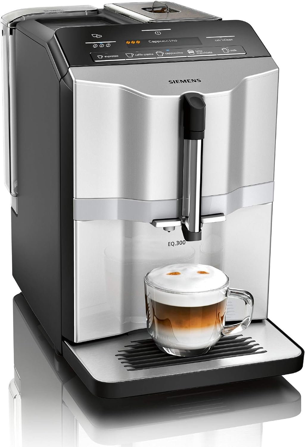 Siemens Kaffeevollautomat EQ300 TF303E07, für viele Kaffeespezialitäten, Milchaufschäumer, Keramikmahlwerk, OneTouch-Funktion, 1,4 Liter Wassertank, automatische Reinigung, 1300 W, silber metallic