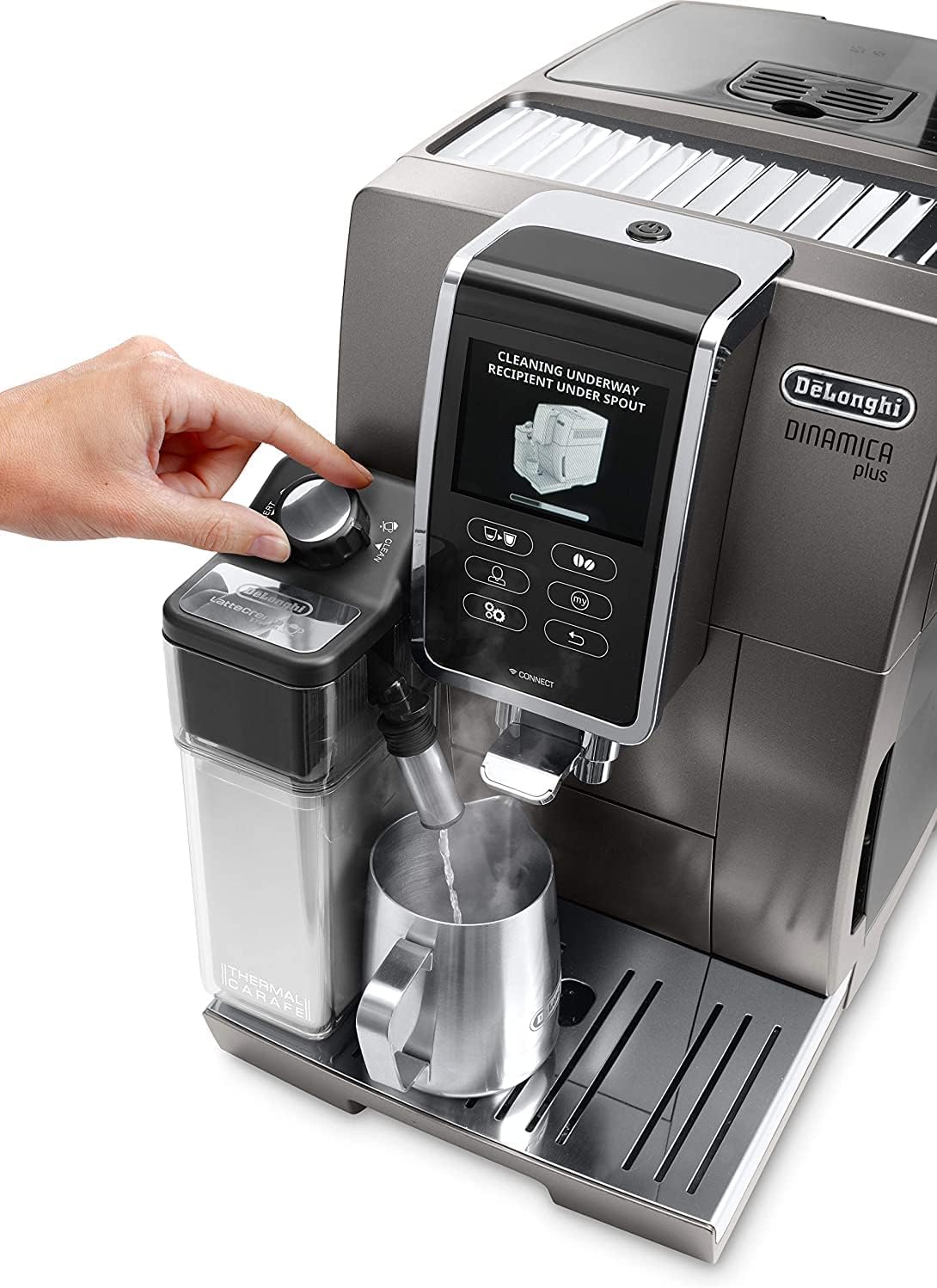De'Longhi Dinamica Plus ECAM 370.95.T Kaffeevollautomat mit LatteCrema Milchsystem, Cappuccino und Espresso auf Knopfdruck, Touchscreen Farbdisplay und App-Steuerung, Kaffeekannen-Funktion, Titan