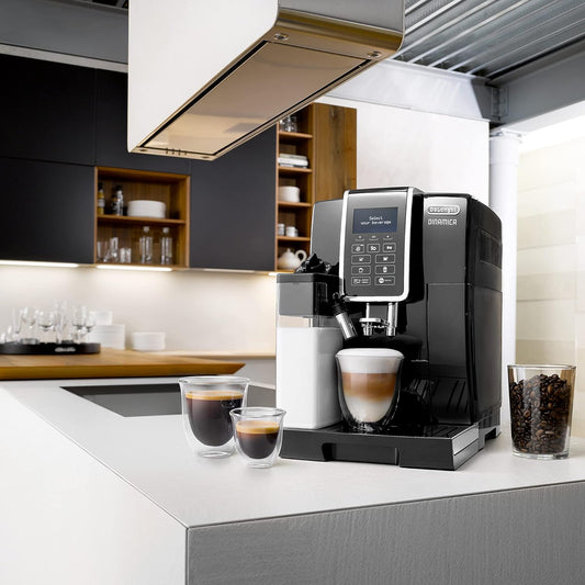 De'Longhi Dinamica ECAM 350.55.B Kaffeevollautomat mit LatteCrema Milchsystem, Cappuccino, Espresso und Kaffee auf Knopfdruck, Digitaldisplay, 2-Tassen-Funktion, Großer 1,8 Liter Wassertank, Schwarz