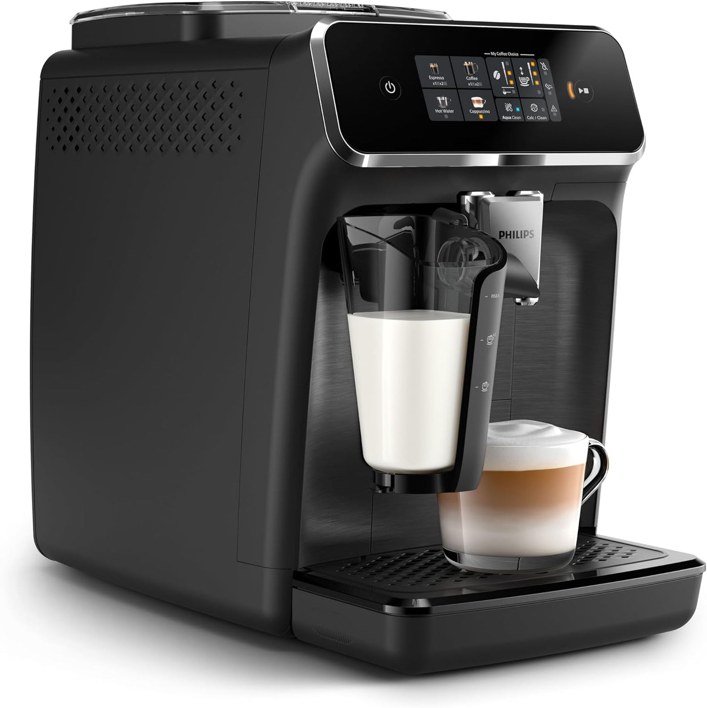 Philips 2300 Series Vollautomatische Espressomaschine - 4 Getränke, Modernes Farb-Touchscreen-Display, LatteGo-Milchsystem, SilentBrew, 100% Keramikmahlwerk, AquaClean Filter. Mattschwarz (EP2330/10)