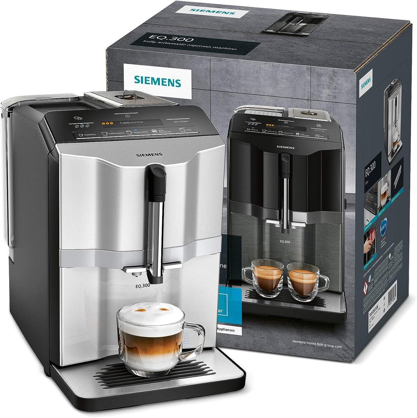 Siemens Kaffeevollautomat EQ300 TF303E07, für viele Kaffeespezialitäten, Milchaufschäumer, Keramikmahlwerk, OneTouch-Funktion, 1,4 Liter Wassertank, automatische Reinigung, 1300 W, silber metallic
