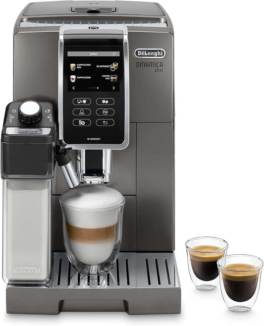 De'Longhi Dinamica Plus ECAM 370.95.T Kaffeevollautomat mit LatteCrema Milchsystem, Cappuccino und Espresso auf Knopfdruck, Touchscreen Farbdisplay und App-Steuerung, Kaffeekannen-Funktion, Titan