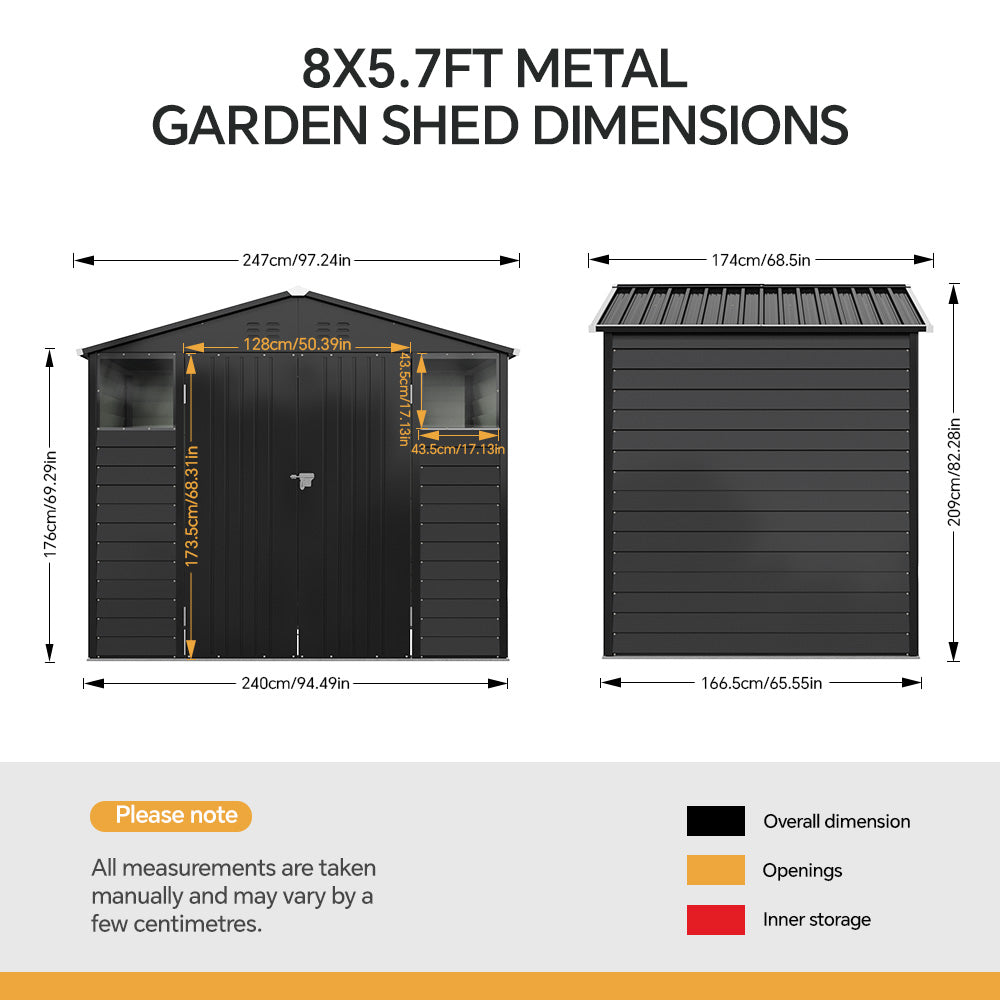 Breeins 8x5.7ft Large Outdoor Metal Tool Shed With Apex Roof – Lockable Double Doors, Ventilated & Weather-resistant Garden Storage Shed