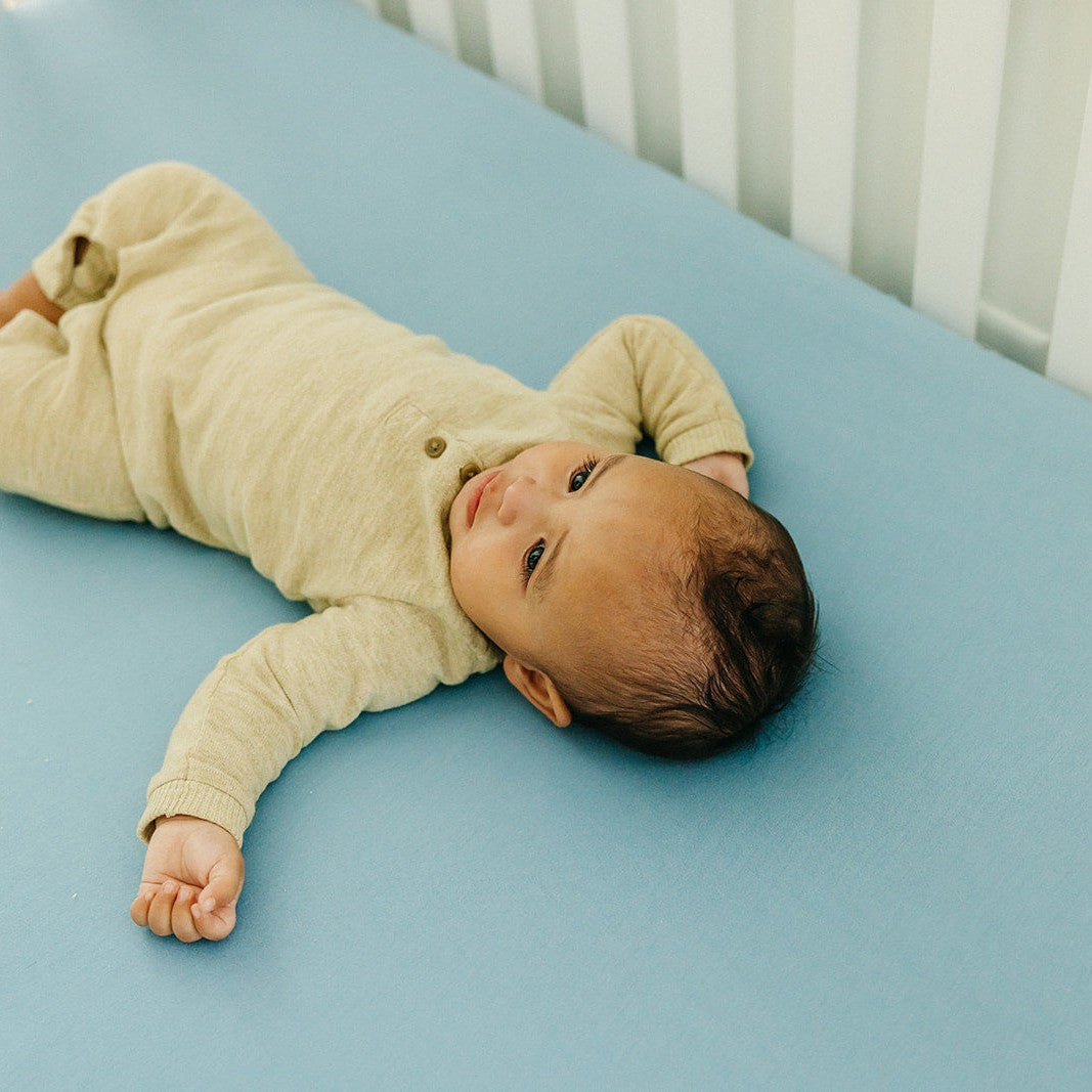 Copper Pearl premium knit fitted crib sheet in Robin color, featuring soft, stretchy fabric and snug fit for a baby crib.