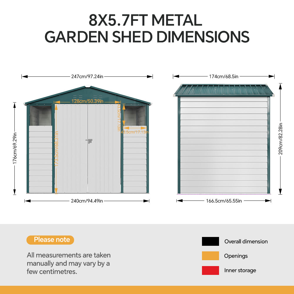 Breeins 8x5.7ft Large Outdoor Metal Tool Shed With Apex Roof – Lockable Double Doors, Ventilated & Weather-resistant Garden Storage Shed