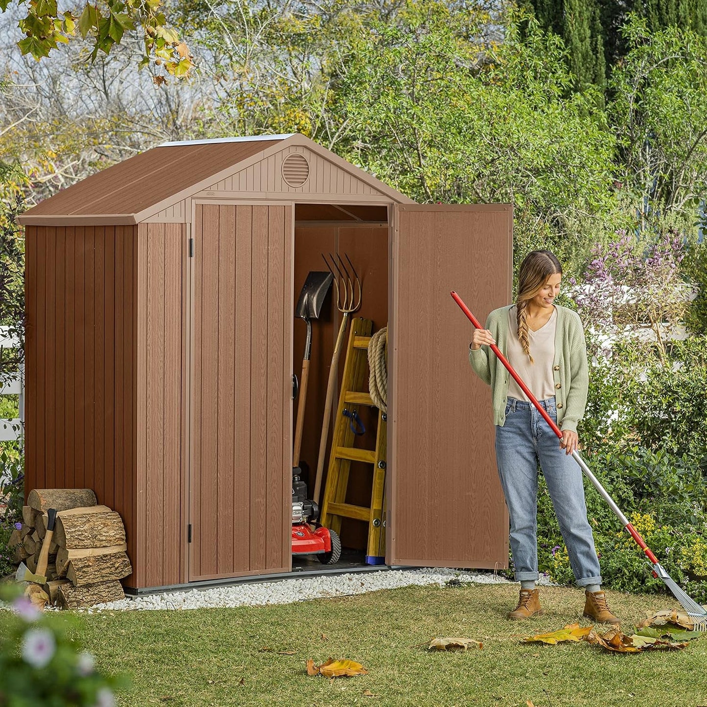 Darwin Outdoor Apex Double Door Garden Storage Shed 6 X 4Ft Brown Wood Look and Feel
