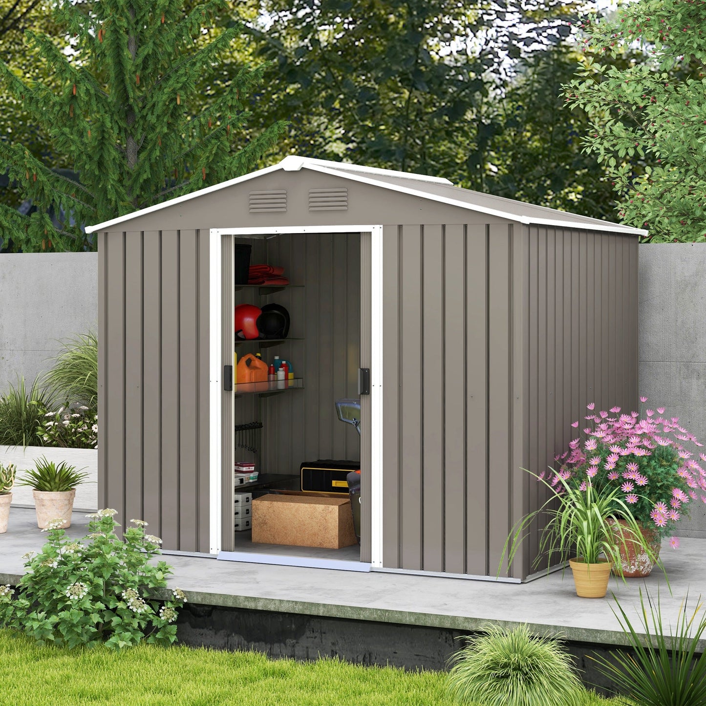 Outsunny 8 X 6ft Garden Storage Shed With Double Sliding Door Outdoor