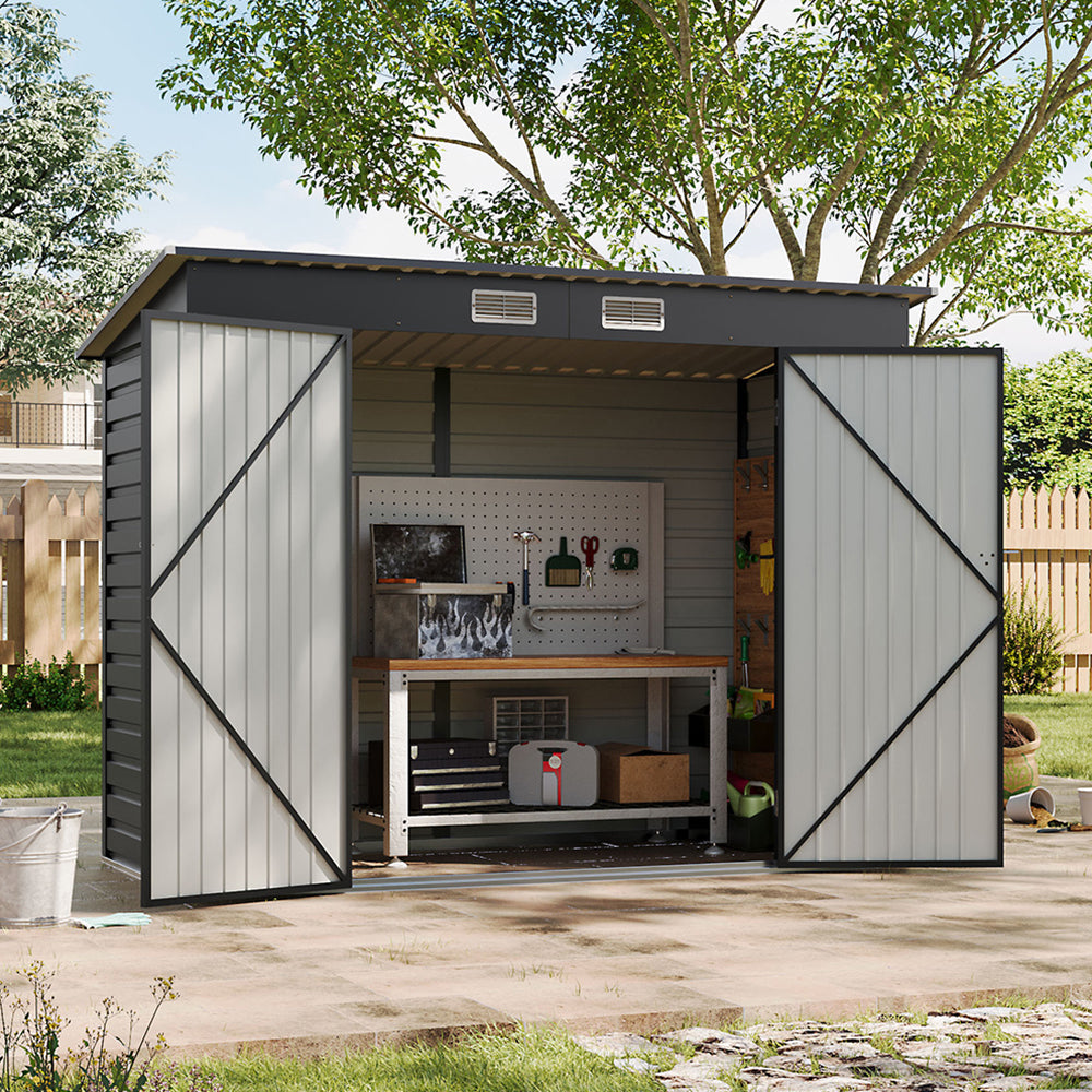 Breeins 4x8ft Outdoor Storage Shed – Galvanized Steel Garden Shed Lockable With Double Doors & 2 Vents