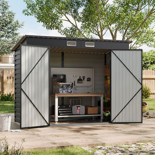 Breeins 4x8ft Outdoor Storage Shed – Galvanized Steel Garden Shed Lockable With Double Doors & 2 Vents