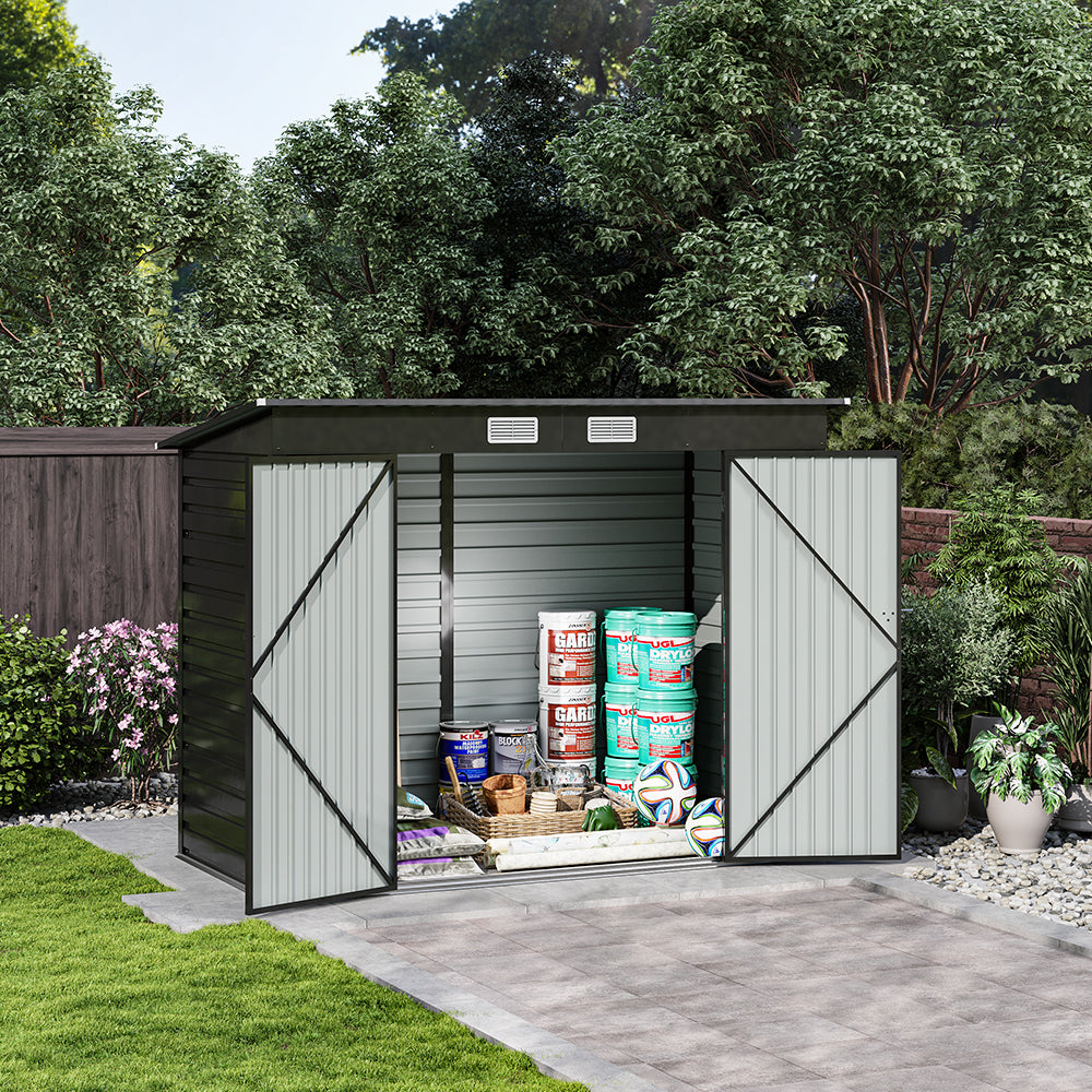 Breeins 4x8ft Outdoor Storage Shed – Galvanized Steel Garden Shed Lockable With Double Doors & 2 Vents