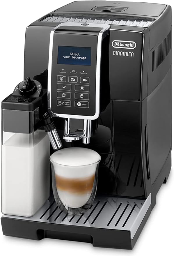 De'Longhi Dinamica ECAM 350.55.B Kaffeevollautomat mit LatteCrema Milchsystem, Cappuccino, Espresso und Kaffee auf Knopfdruck, Digitaldisplay, 2-Tassen-Funktion, Großer 1,8 Liter Wassertank, Schwarz